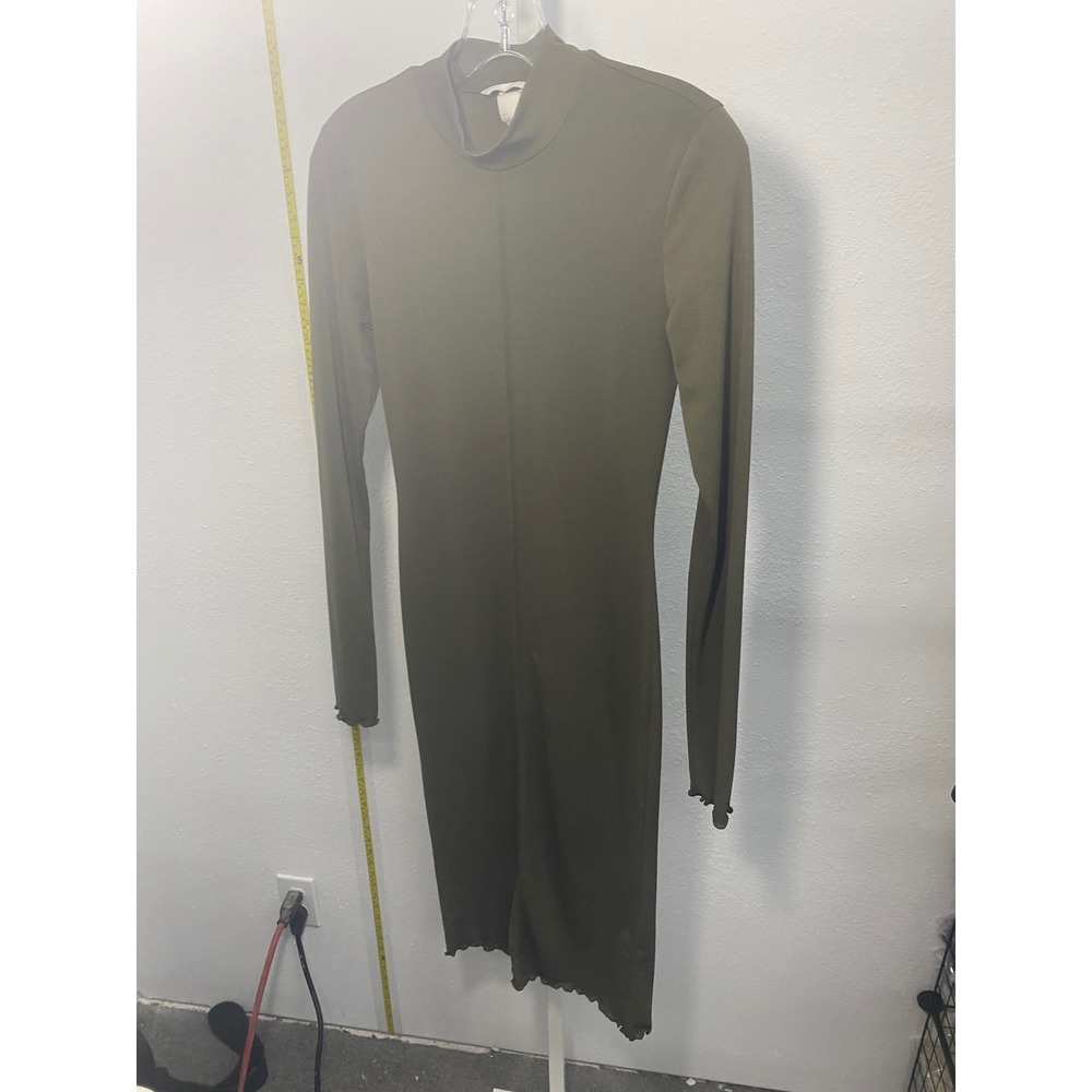 HM Olive‎ Green Mock Neck Long Sleeve Lettuce Edge Bodycon Midi Dress Small